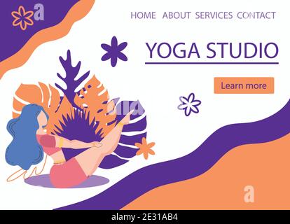 Website Banner Design für Yoga Studio Promotion mit Mehr erfahren Taste. Yogi Frau meditiert. Niedliche flache weibliche Charakter und dekorative Pflanzen, brigh Stock Vektor