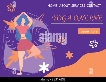 Website Banner Design für Yoga Studio Promotion mit Mehr erfahren Taste. Yogi Frau meditiert. Niedliche flache weibliche Charakter und dekorative Pflanzen Stock Vektor