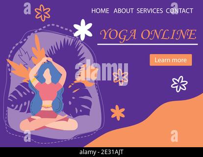 Website Banner Design für Yoga Studio Promotion mit Mehr erfahren Taste. Yogi-Frau meditiert in der Lotus-Pose. Niedliche Wohnung weiblichen Charakter und decora Stock Vektor