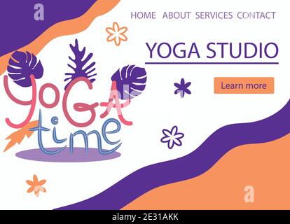 Website Banner Design für Yoga Studio Promotion mit Mehr erfahren Taste. Schriftzug Yoga Zeit und dekorative Pflanzen, helle Blätter Stock Vektor