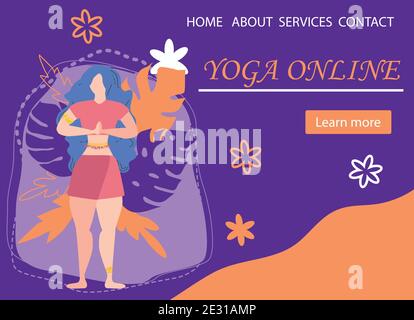 Website Banner Design für Yoga Studio Promotion mit Mehr erfahren Taste. Yogi Frau meditiert. Niedliche flache weibliche Charakter und dekorative Pflanzen Stock Vektor