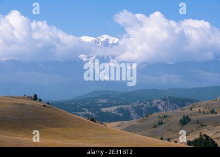 Altai-Landschaft mit hohen Bergen von Schnee bedeckten. Chuya River Valley und North Chuisky Ridge im Hintergrund. Altai Republik, Sibirien, Russland. Stockfoto