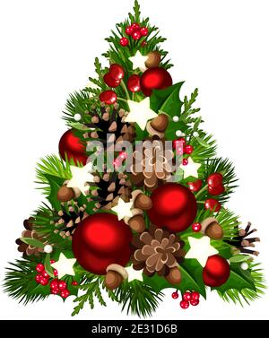 Vektor dekorative Weihnachtsbaum mit roten Kugeln, Zapfen, Eicheln, Stechpalme und leuchtenden Sternen isoliert auf weißem Hintergrund. Stock Vektor