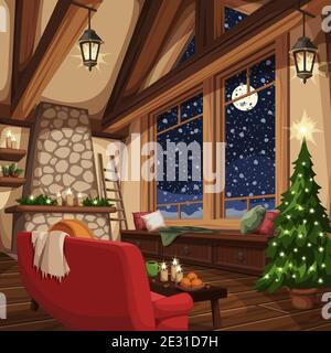 Vector Weihnachten Gemütliches Chalet-Interieur mit großem Fenster, Holzbalken, Kamin, Weihnachtsbaum, Sofa und Schneefall draußen. Stock Vektor