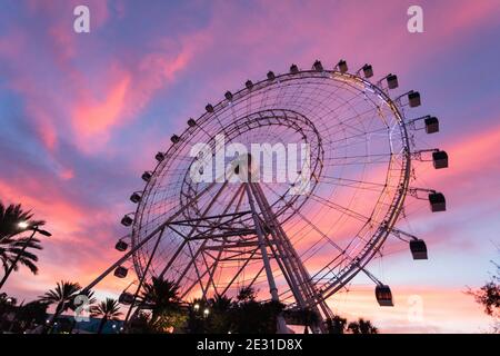 The Wheel im ICON Park Orlando bei Sonnenuntergang Stockfoto