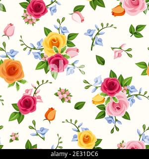 Vektor nahtlose Muster mit roten rosa, orange, gelb und blau Rosen und Freesia Blumen. Stock Vektor