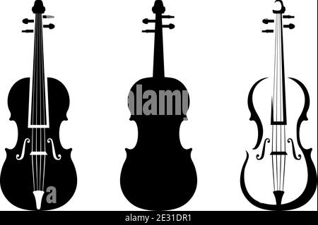 Set aus drei schwarzen Silhouetten von Violinen isoliert auf weißem Hintergrund. Vektorgrafik. Stock Vektor