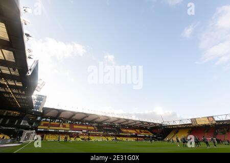 WATFORD, ENGLAND. JAN 16TH EIN allgemeiner Blick in das Stadion vor dem Sky Bet Championship Spiel zwischen Watford und Huddersfield Town in Vicarage Road, Watford am Samstag, 16. Januar 2021. (Quelle: Juan Gasparini, Mi News) Stockfoto