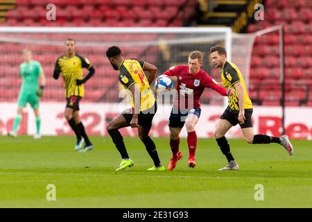 WATFORD, ENGLAND. 16. JANUAR Lewis O'Brien von Huddersfield in Aktion während des Sky Bet Championship Matches zwischen Watford und Huddersfield Town in Vicarage Road, Watford am Samstag, 16. Januar 2021. (Quelle: Juan Gasparini, Mi News) Stockfoto