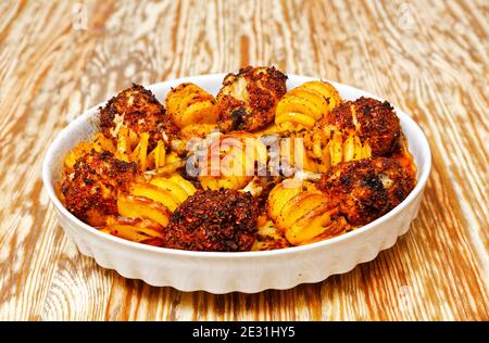 Hausmannskost. Gewürzte Hähnchenschenkel und im Ofen gebackene Kartoffeln auf Holztisch. Draufsicht. Stockfoto