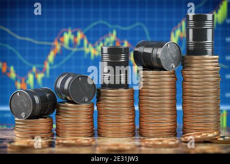 Ölfässer auf Stapel von goldenen Münzen. Wachstum Anstieg der Ölpreise. 3d-Illustration Stockfoto