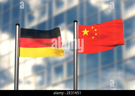 3d-Rendering einer Flagge Deutschlands und Chinas, vor einem verschwommenen Hintergrund, mit einem Stahlfahnenmast Stockfoto