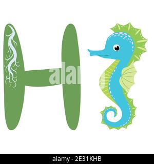 Seepferdchen, Hippocampus im skandinavischen Stil, handgezeichnet, schönes detailreiches Türkis. H-Buchstabe. Nette Kinder Tier Alphabet. Lustige Cartoon Tiere. Stock Vektor