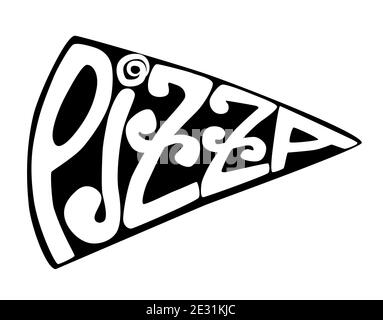 Handgezeichnete Pizza in Scheiben geschnitten Schriftzug auf weißem Hintergrund. Pizza Stock Vektor