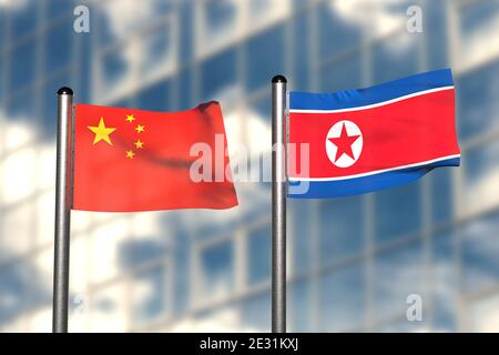 3d-Rendering einer Flagge Chinas und Russlands, vor einem verschwommenen Hintergrund, mit einem Stahlfahnenmast Stockfoto