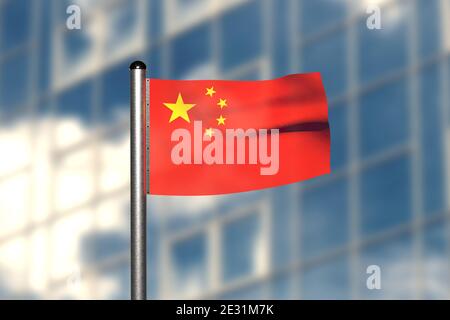3d-Rendering einer Flagge Chinavor einem verschwommenen Hintergrund, mit einem Stahlfahnenmast Stockfoto