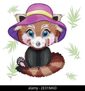 Red Panda Mädchen in rosa Sommerhut, Urlaubskonzept. Stock Vektor