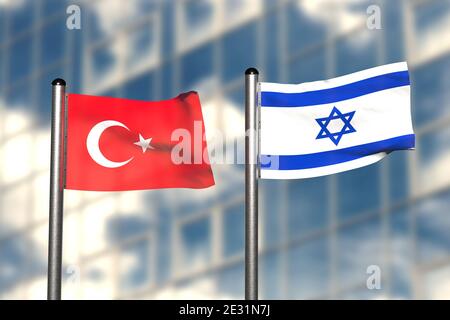 3d-Rendering einer Flagge der Türkei und Israels, vor einem verschwommenen Hintergrund, mit einem Stahlfahnenmast Stockfoto