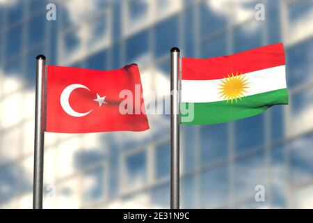 3d-Rendering einer Flagge der Türkei und Kurdistans, vor einem verschwommenen Hintergrund, mit einem Stahlfahnenmast Stockfoto