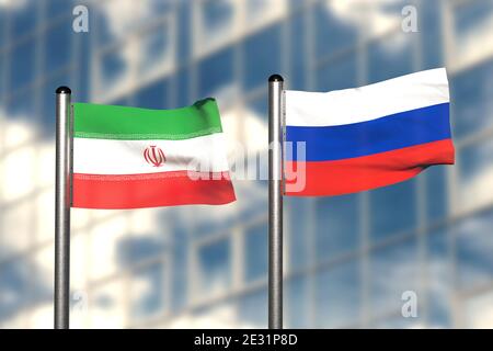 3d-Rendering einer Flagge des Iran und Russlands, vor einem verschwommenen Hintergrund, mit einem Stahlfahnenmast Stockfoto