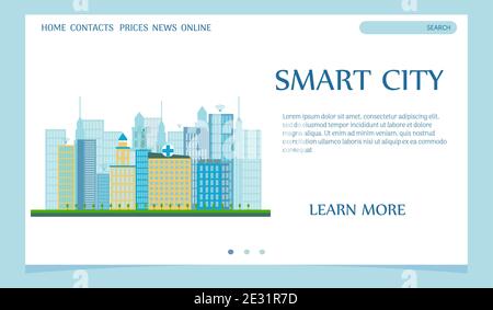 Landing Page Smart City Konzept, Web-Vorlage Stock Vektor Illustration. Entwicklung von Gebäuden, Architektur, Service für Komfort Wohnen. Vektorgrafik Stock Vektor