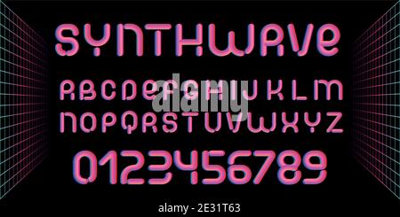 Synthwave-Schriftart. Buchstaben der 70er-80er-Jahre-Ästhetik. Vektor-Alphabet im Retro-Futurismus-Stil. Stock Vektor