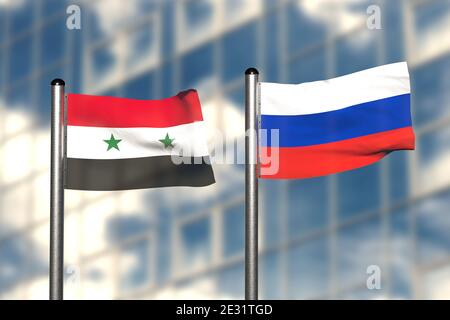 3d-Darstellung einer Flagge Syriens und Russlands, vor einem verschwommenen Hintergrund, mit einem Stahlfahnenmast Stockfoto