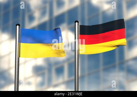 3d-Rendering einer Flagge der Ukraine und Deutschlands, vor einem verschwommenen Hintergrund, mit einem Stahlfahnenmast Stockfoto