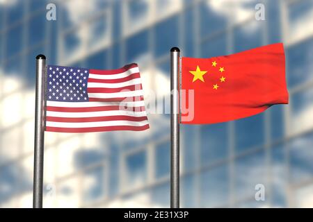 3d-Rendering einer Flagge der USA und Chinas, vor einem verschwommenen Hintergrund, mit einem Stahlfahnenmast Stockfoto