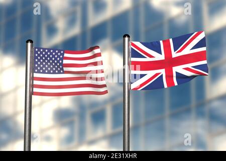 3d-Rendering einer Flagge der USA und Großbritanniens, vor einem verschwommenen Hintergrund, mit einem Stahlfahnenmast Stockfoto