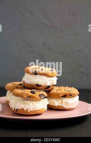 Hausgemachte Schokolade Chip Cookie Ice Cream Sandwich auf einem rosa Teller, Seitenansicht. Speicherplatz kopieren. Stockfoto