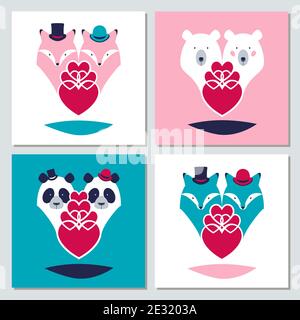 Alles Liebe zum Valentinstag oder Hochzeitskarten Set. Vektorgrafik. Bären. Wölfe. Füchse. Pandas. Stock Vektor