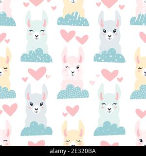 Nahtloses Muster aus Lama, Wolken und Hörungen. Ideal für Stoff, Textil. Vektorhintergrund. Stock Vektor