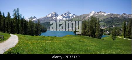 Wandern Sie an einem schönen Sommertag um den St. Moritzersee in GraubŸnden, Engadin, Schweiz Stockfoto