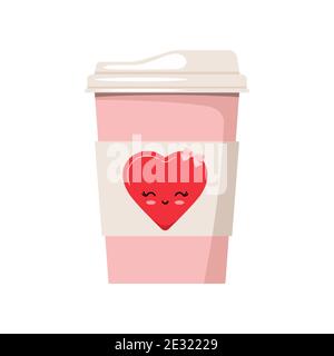 Valentinstag Kaffee oder Tee Papier Tasse mit Herz mit Mädchen Gesicht Illustration isoliert auf weißem Hintergrund dekoriert. Stock Vektor