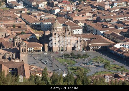 Luftaufnahme von Cusco: Plaza de Armas Stockfoto