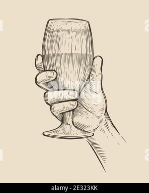 Hand mit einem Glas Bier. Skizzendarstellung für alkoholische Getränke Stock Vektor