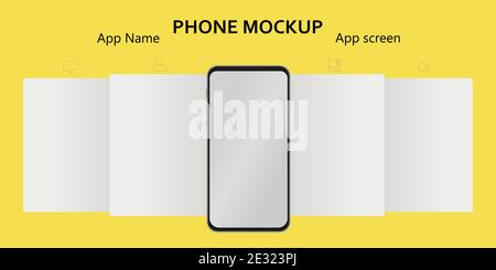 Mockup Karussell Interface Post auf trendigen gelben Hintergrund. Vorlage für die Anzeige der Web-App-benutzeroberfläche. App-Bildschirme und -Symbole. Telefon mit leerem Bildschirm. Vektor Stock Vektor