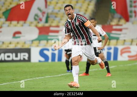 Rio de Janeiro, Brasilien, 26. Dezember 2020. Fußballspieler Fred aus der Fluminense-Mannschaft feiert sein Tor im Spiel Fluminense gegen São Paulo f Stockfoto