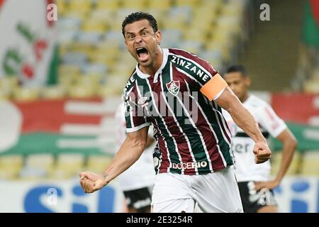 Rio de Janeiro, Brasilien, 26. Dezember 2020. Fußballspieler Fred aus der Fluminense-Mannschaft feiert sein Tor im Spiel Fluminense gegen São Paulo f Stockfoto