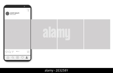 Carousel Interface Post auf Social Network. Modell des Smartphones. Mobile Anwendung auf dem Bildschirm des realistischen Telefons. Vektorgrafik Stock Vektor