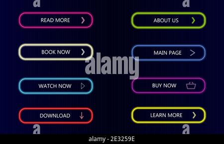 Moderne neon leuchtende Ladenknöpfe auf dunklem, tradientem Hintergrund. Jetzt kaufen, jetzt ansehen, mehr erfahren, herunterladen und mehr in Neon lesen. Vektorgrafik Stock Vektor