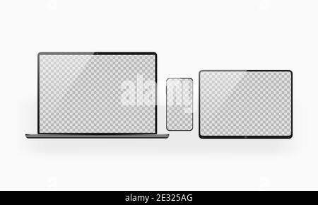 Gerätemockups. Tablet, Telefon, Laptop mit transparentem Bildschirm. Modernes Design. Gadgets Vorlage für Präsentation, Banner, Infografik, App. Vektor Stock Vektor