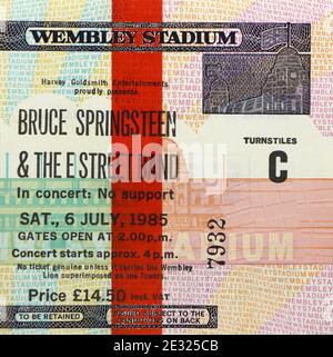 Konzertkarte für Bruce Springsteen und die E Street Band im Konzert im Wembley Stadium 6. Juli 1985 London England UK Stockfoto