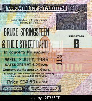 Konzertkarte für Bruce Springsteen und die E Street Band im Konzert im Wembley Stadium Mittwoch, 3. Juli 1985 London England UK Stockfoto