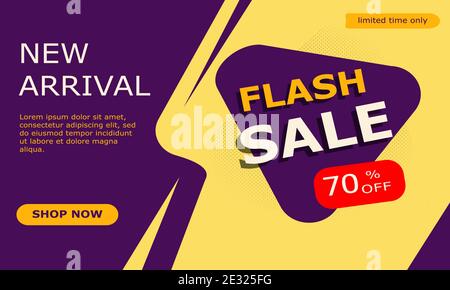 Flash Sale Rabatt 70 % Banner. Moderne Vorlage für Business-Promotion, Social Media, Post. Nur für kurze Zeit. Neue Ankunft. Vektorgrafik. Stock Vektor