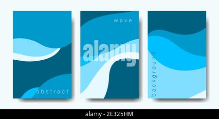 Satz von Hintergrundhüllen mit Wellenelementen. Abstrakte Naturtapete in blauen Farben. Vektor-Illustration für Banner, Magazin, Cover-Buch, Broschüre. Stock Vektor