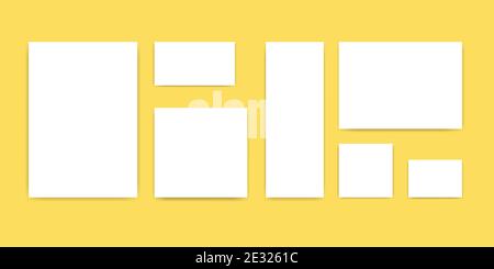 A4-Papierblätter auf dem Schreibtisch für Branding. Modell von isolierten leeren weißen Karten, Rahmenpapier. Papiergalerie. Vektorgrafik auf gelbem Hintergrund. Stock Vektor
