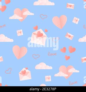 Valentinstag Hintergrund. Nahtlose Vektor-Muster mit rosa Herzen, Geschenke, Wolken, Umschläge auf hellblauem Hintergrund Stock Vektor