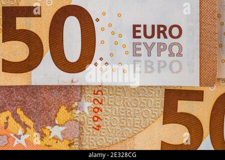 World money Konzept, Makro auf einem 50-Euro-Schein, Makro Foto des EURO Stockfoto